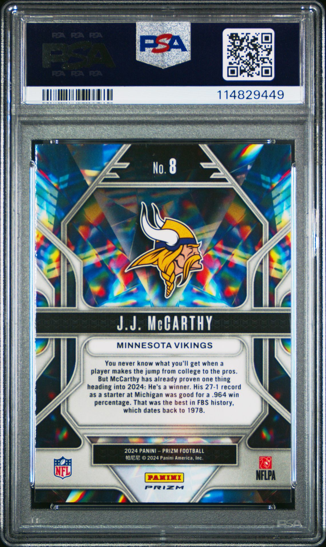 2024 Panini Prizm Prizmatic Jj Mccarthy #8 (Prizmatic-Green Prizm) Gem Mt 10 back