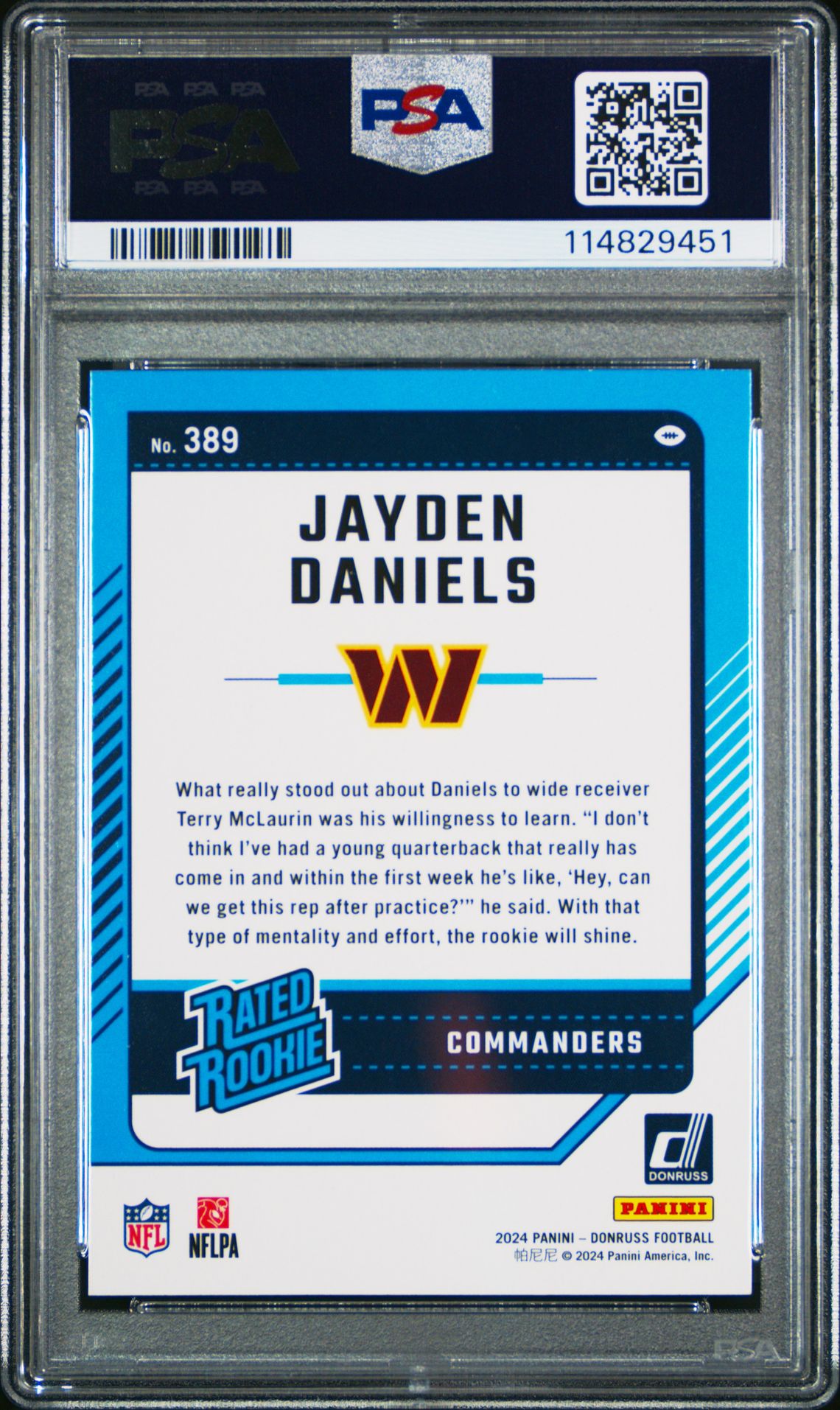 2024 Panini Donruss Jayden Daniels #389 Gem Mt 10 back
