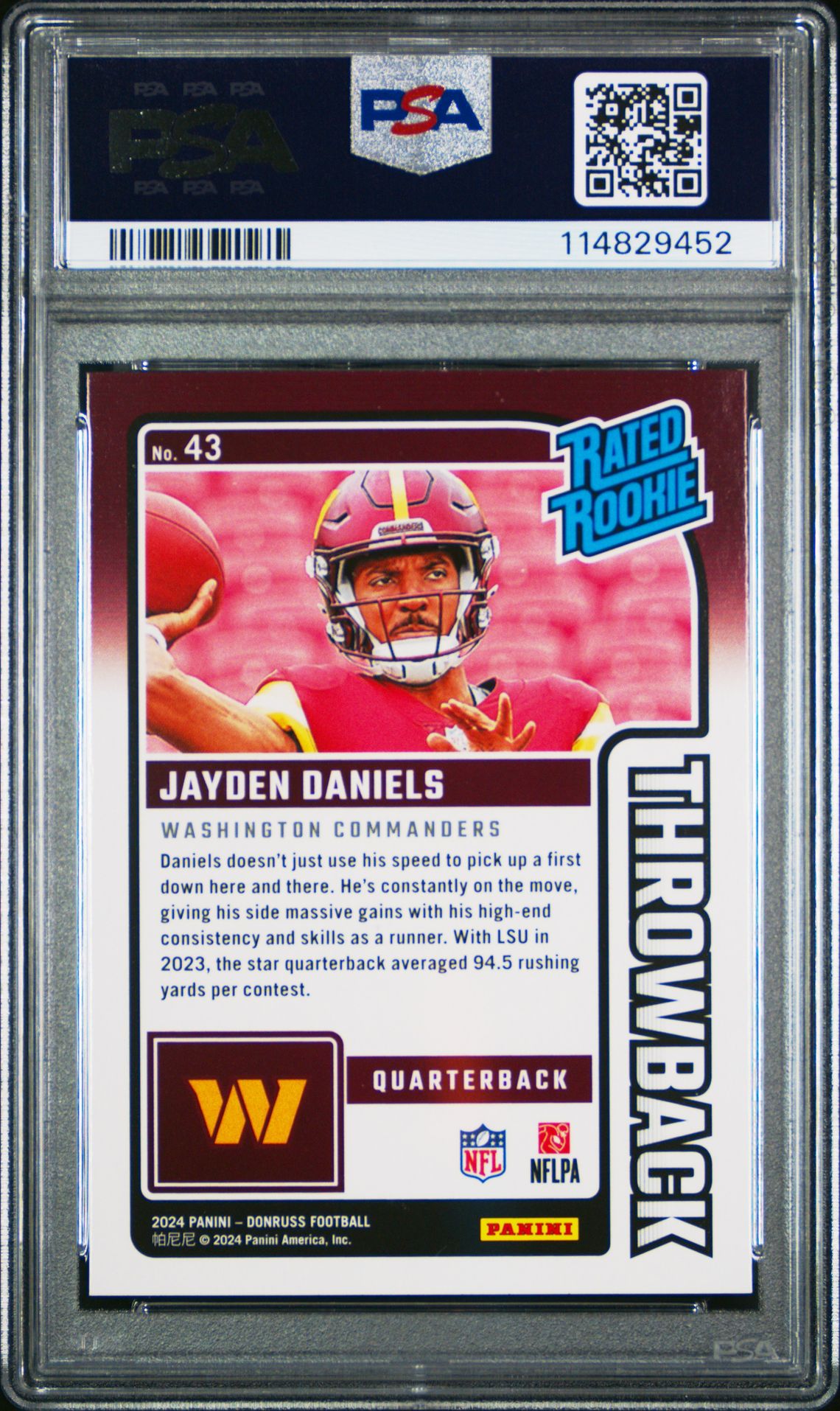 2024 Panini Donruss Rated Rookies Throwback Jayden Daniels #43 Mint 9 back