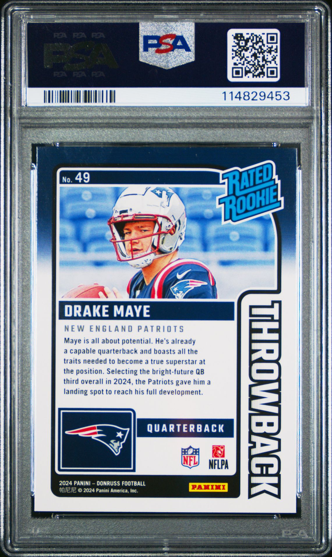 2024 Panini Donruss Rated Rookies Throwback Drake Maye #49 Gem Mt 10 back