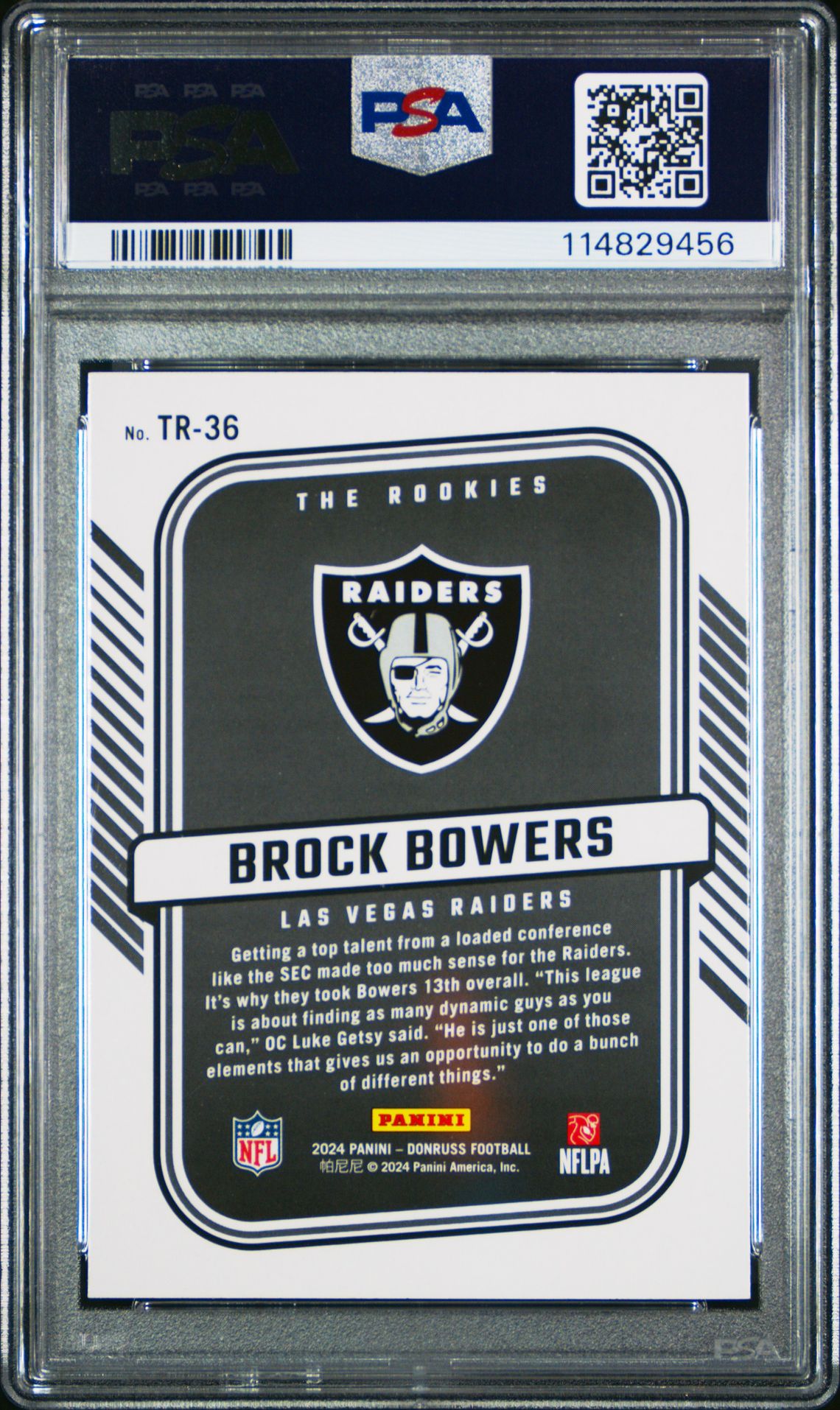2024 Panini Donruss The Rookies Brock Bowers #Tr36 Gem Mt 10 back