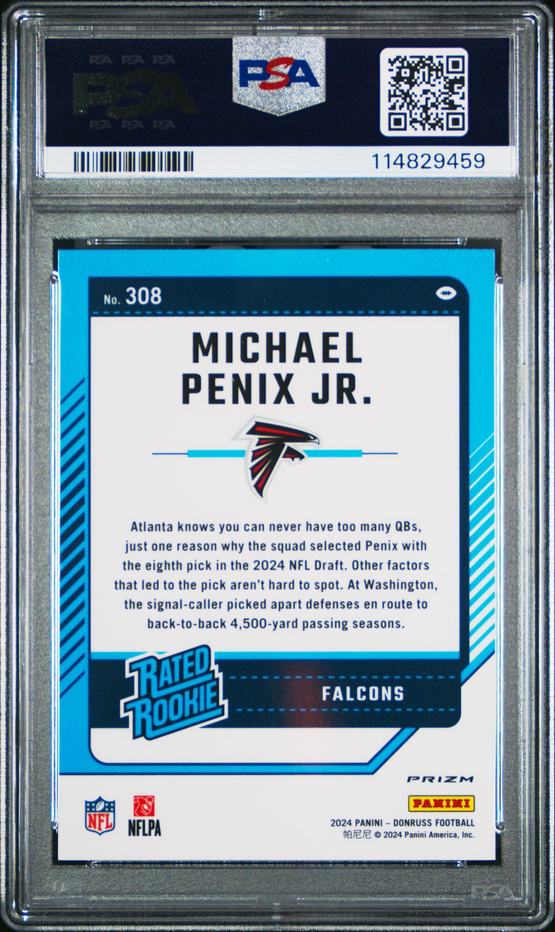 2024 Panini Donruss Michael Penix Jr. #308 (Optic Preview-Red & Green) Gem Mt 10 back