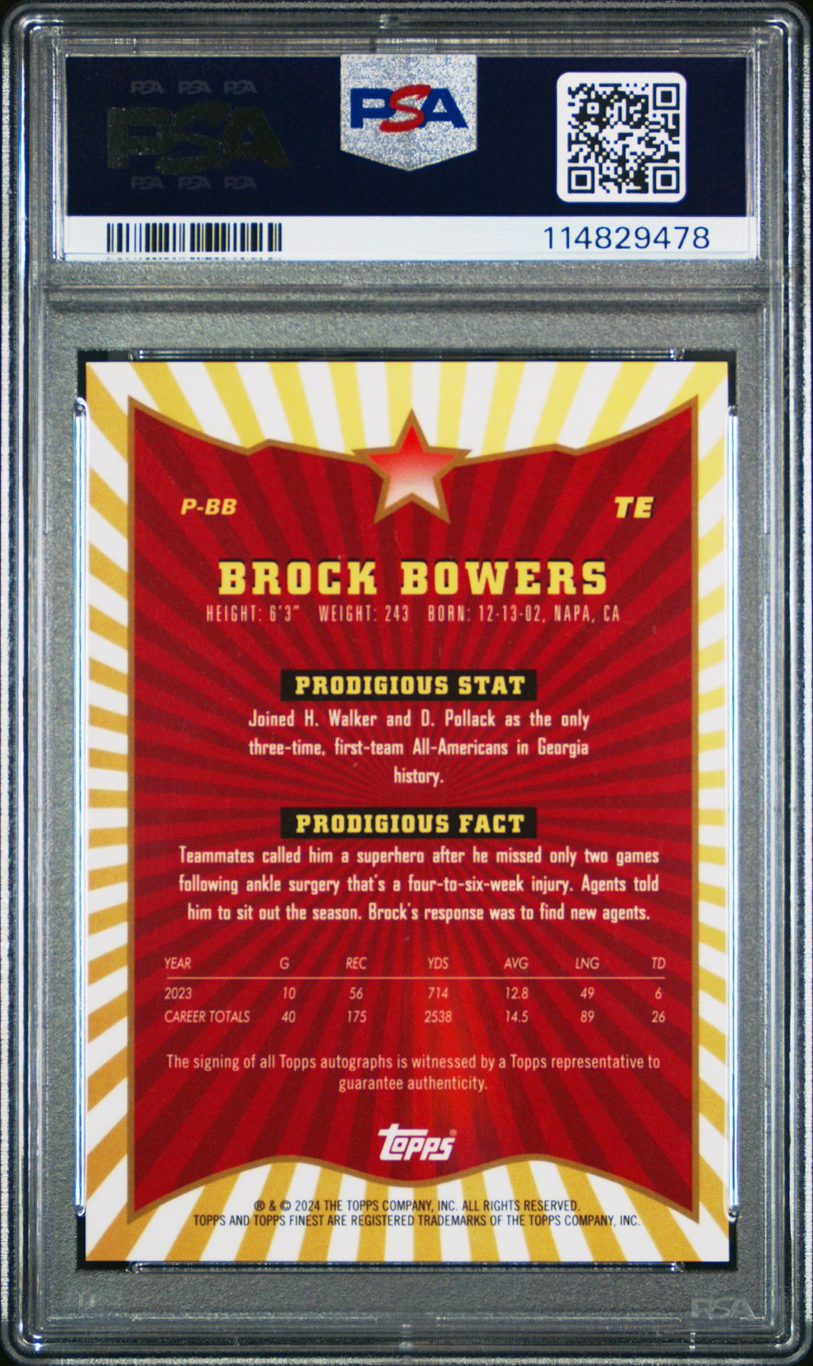2024 Topps Finest Prodigies Autographs Brock Bowers #Pbb Gem Mt 10 back