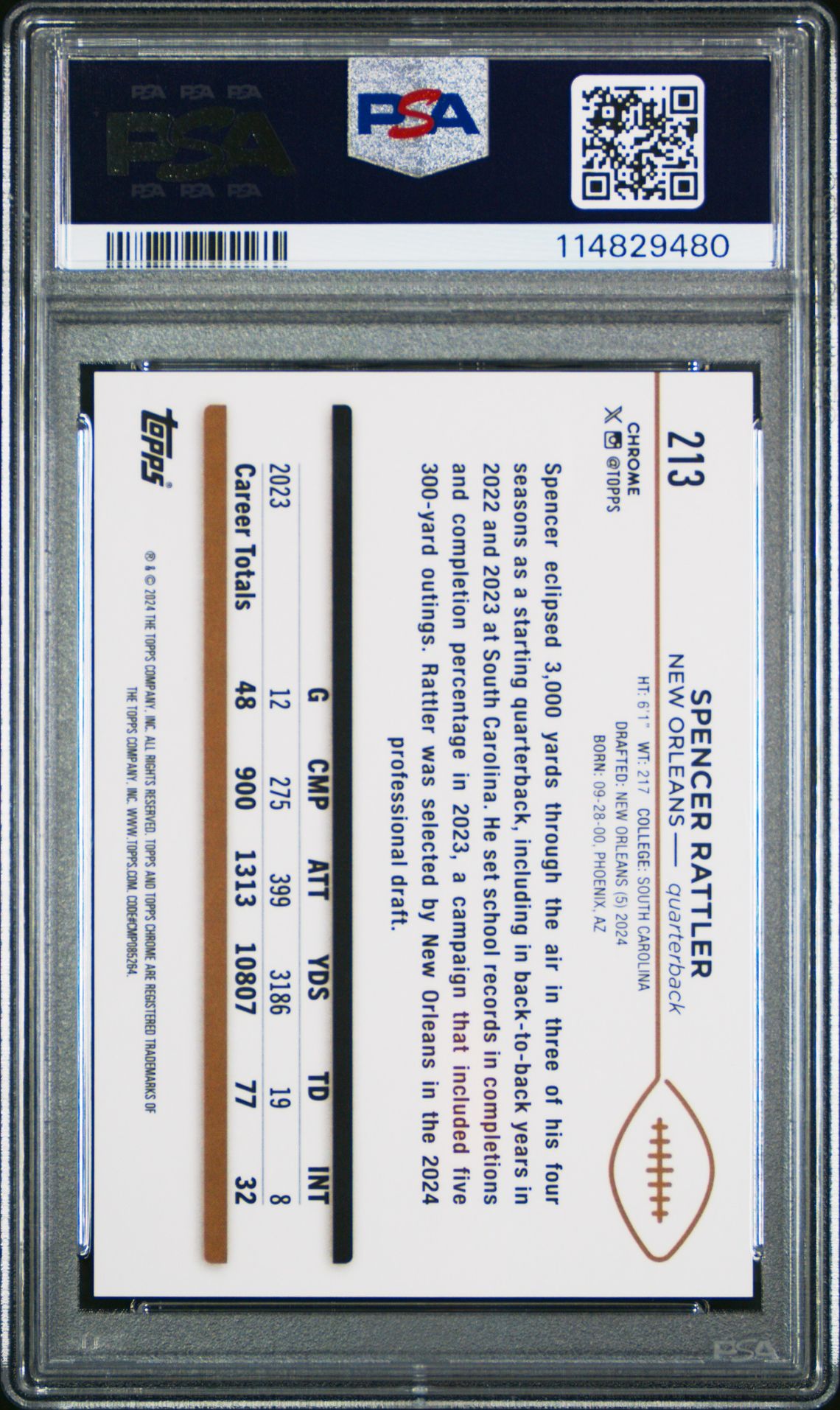 2024 Topps Chrome Sapphire Spencer Rattler #213 (Orange) Gem Mt 10 back