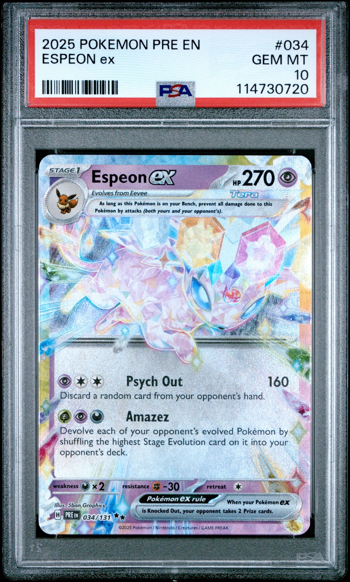 2025 Pokemon Pre En-Prismatic Evolutions Espeon Ex #034 Gem Mt 10 front