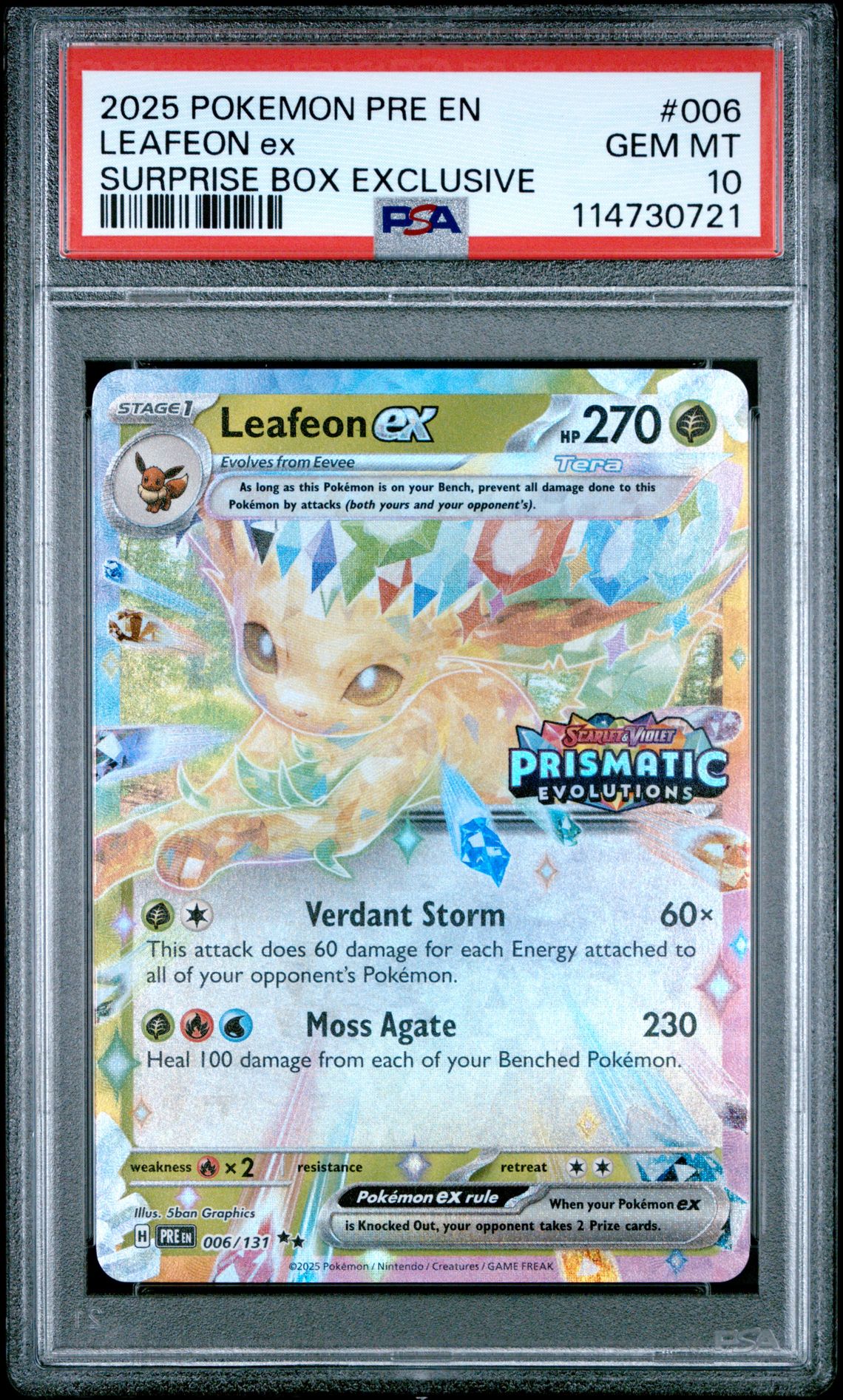 2025 Pokemon Pre En-Prismatic Evolutions Leafeon Ex #006 (Surprise Box Exclusive) Gem Mt 10 front