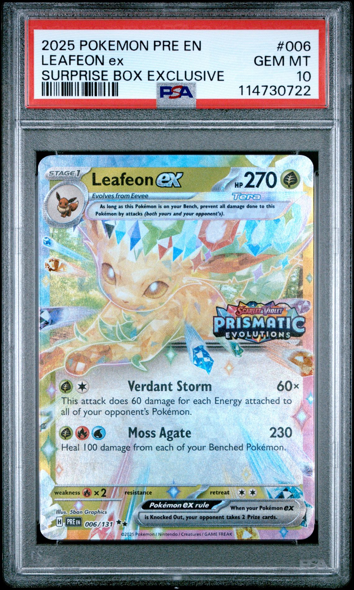 2025 Pokemon Pre En-Prismatic Evolutions Leafeon Ex #006 (Surprise Box Exclusive) Gem Mt 10 front
