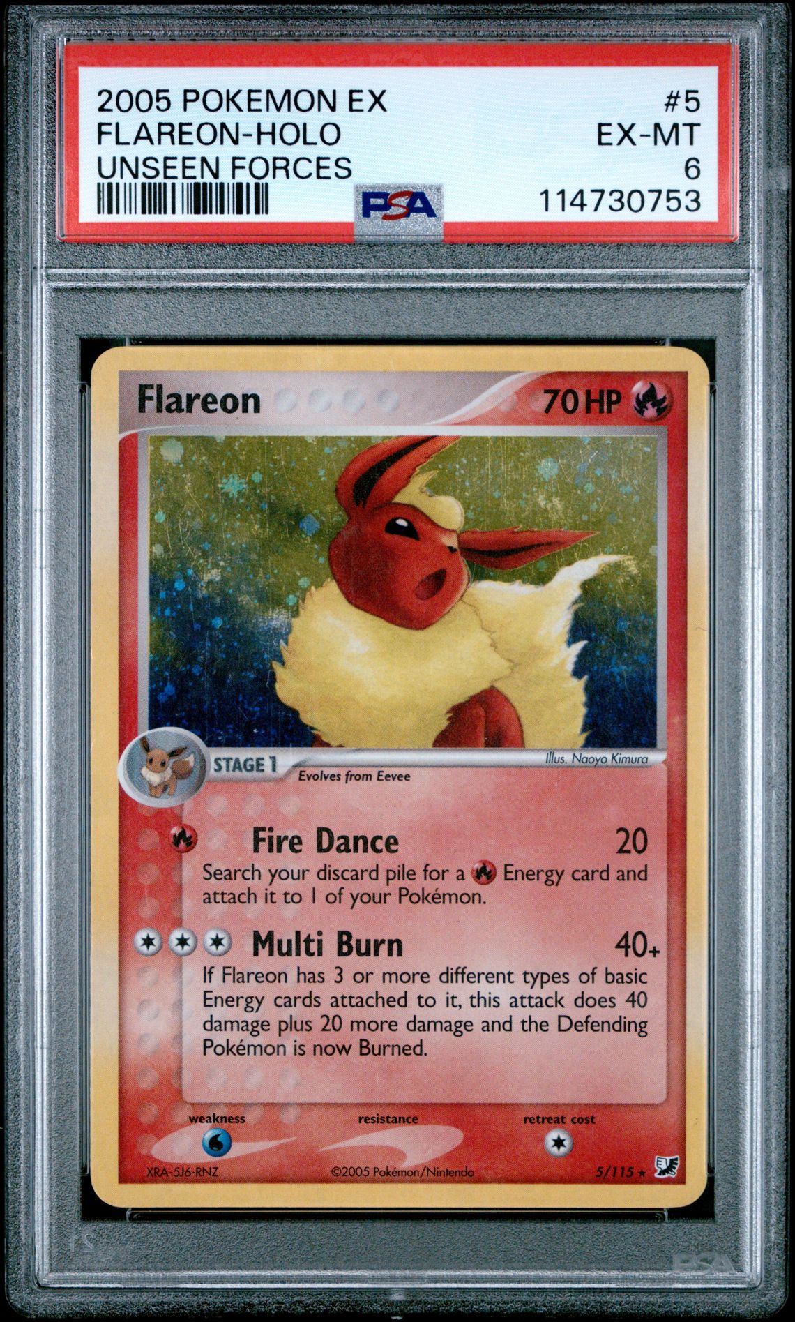 2005 Pokemon Ex Unseen Forces Flareon-Holo #5 (Unseen Forces) Ex-Mt 6 front