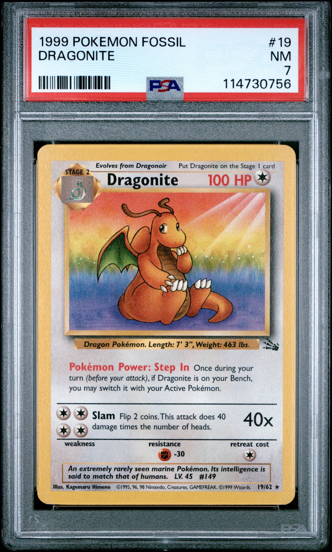 1999 Pokemon Fossil Dragonite #19 Nm 7 front