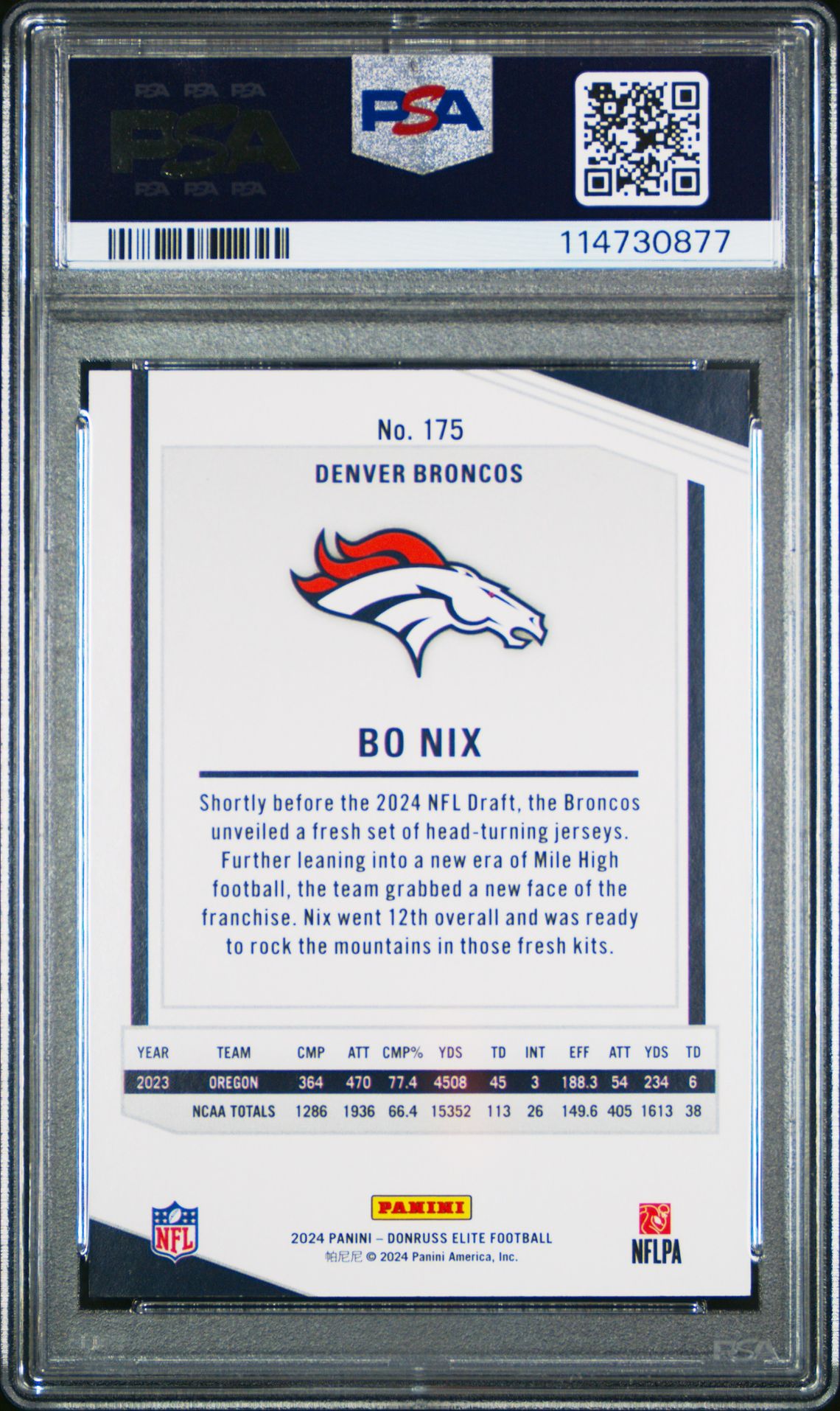 2024 Panini Donruss Elite Bo Nix #175 (Status Sparkle) Gem Mt 10 back