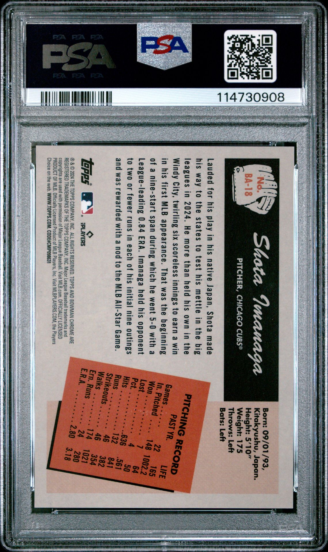 2024 Bowman's Best 1955 Bowman Anime Shota Imanaga #Ba18 Gem Mt 10 back