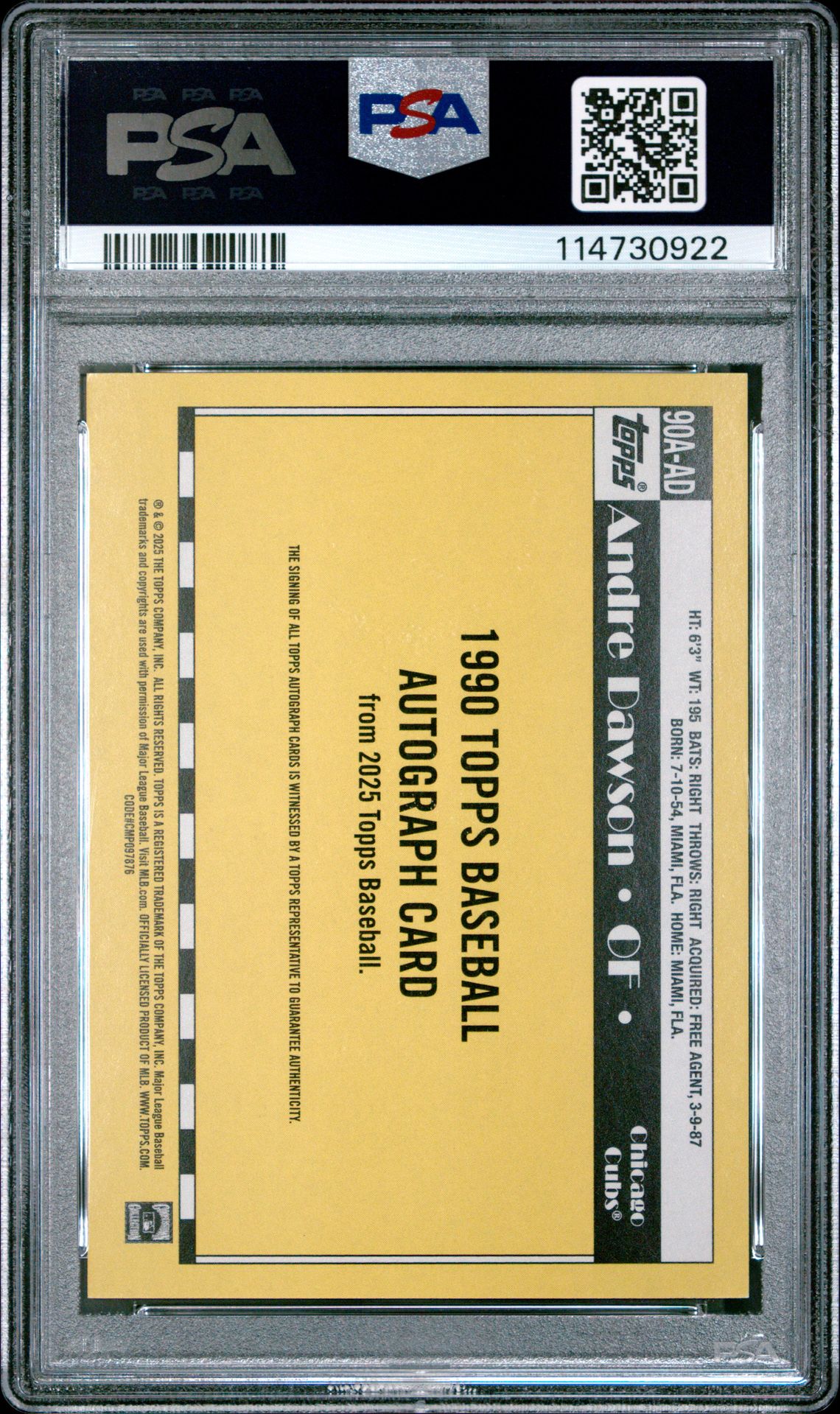 2025 Topps 1990 Topps Baseball Autographs Andre Dawson #90Aad Mint 9 back