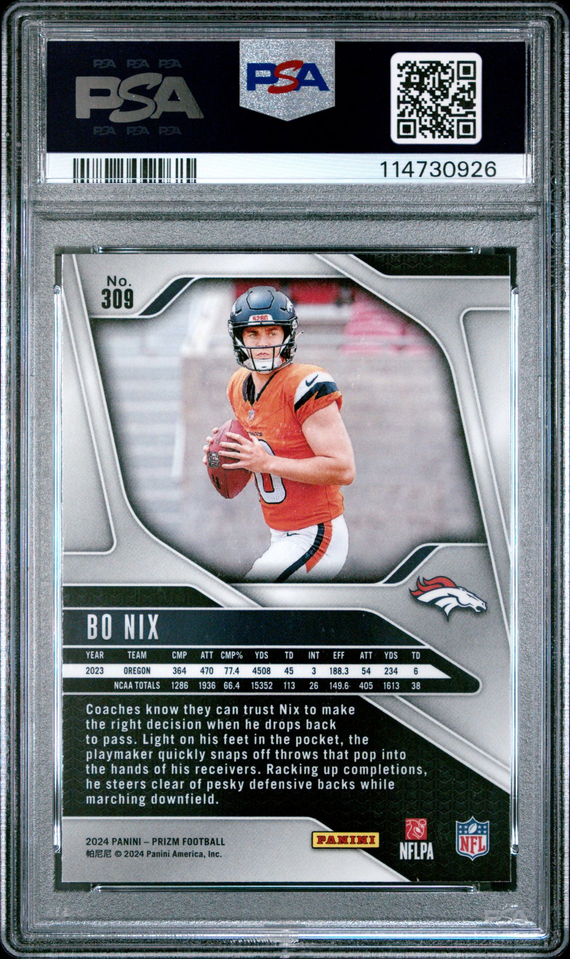 2024 Panini Prizm Bo Nix #309 Gem Mt 10 back