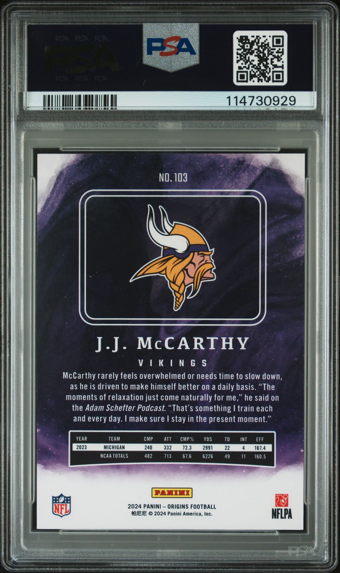 2024 Panini Origins Jj Mccarthy #103 Ex-Mt 6 back