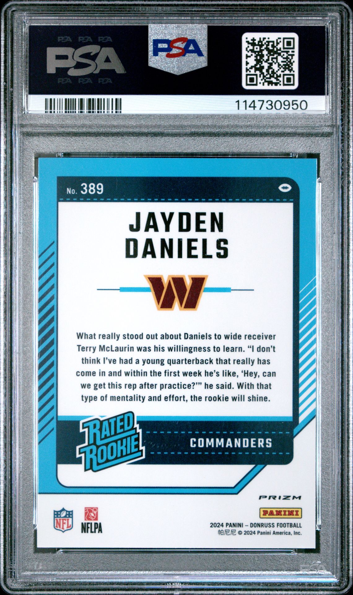 2024 Panini Donruss Jayden Daniels #389 (Optic Preview-Pink) Gem Mt 10 back