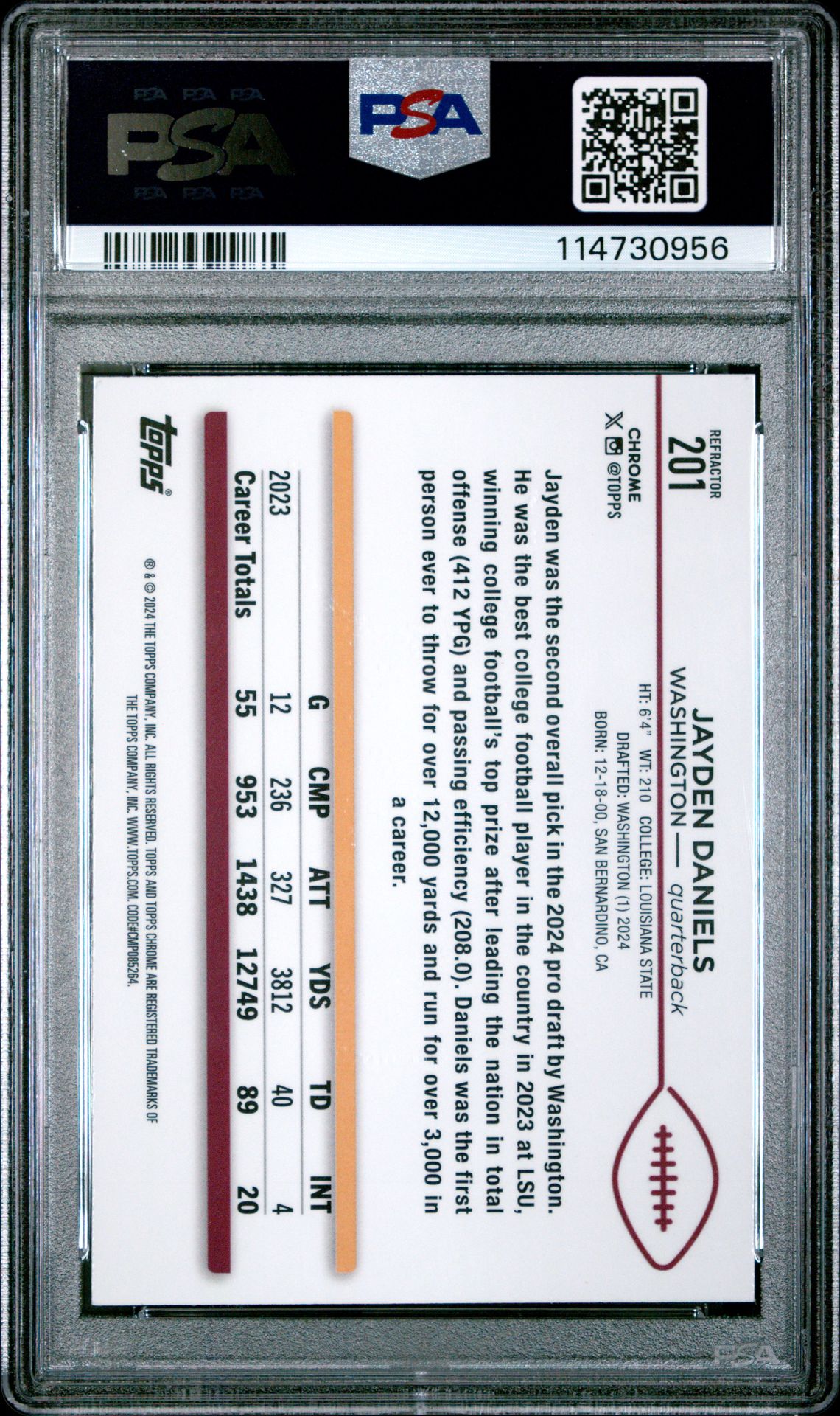 2024 Topps Chrome Jayden Daniels #201 (Refractor) Gem Mt 10 back