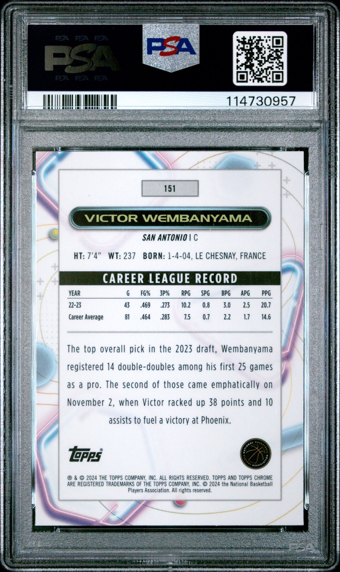 2023 Topps Cosmic Chrome Victor Wembanyama #151 (Pink Galaxy) Gem Mt 10 back