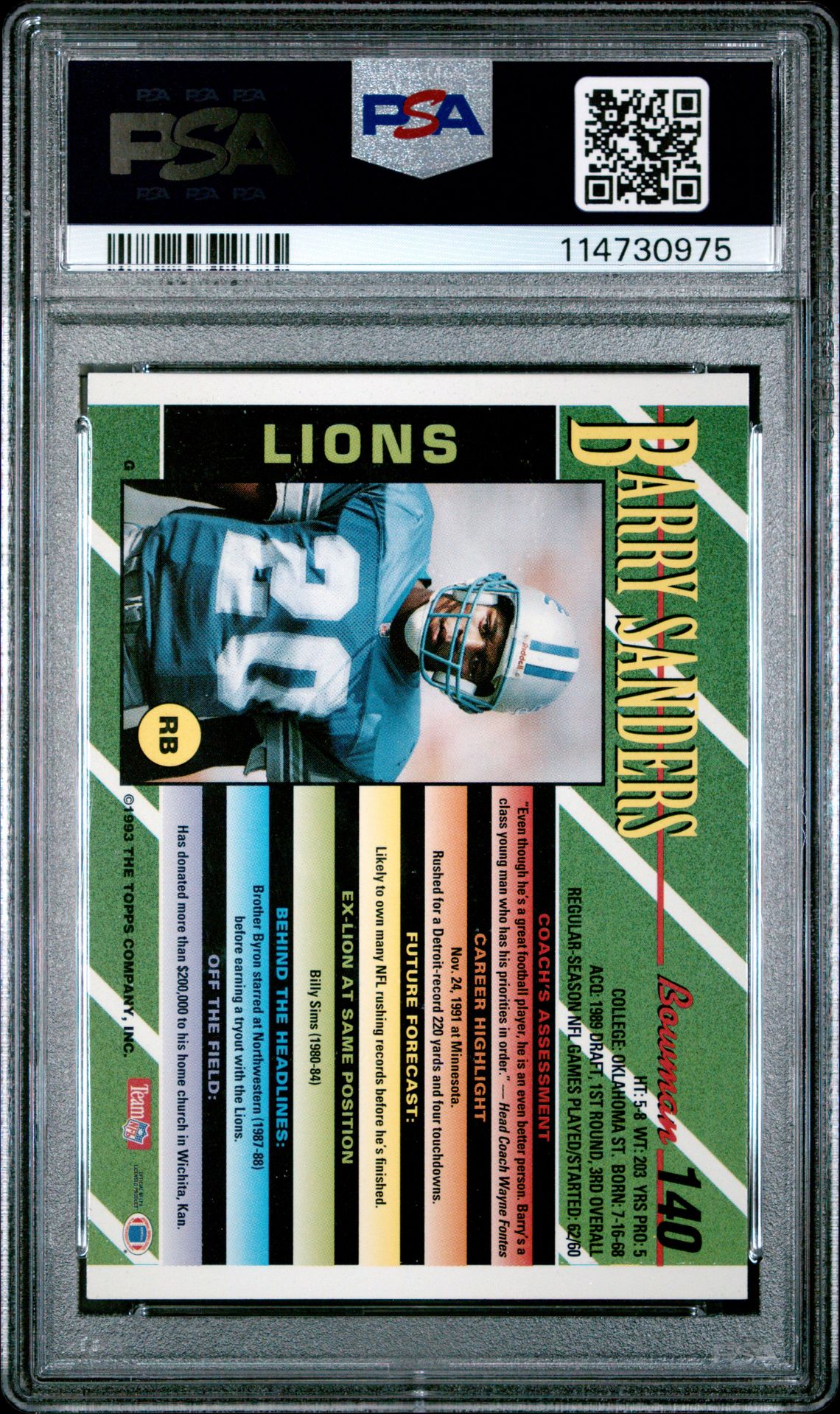 1993 Bowman Barry Sanders #140 (Foil) Mint 9 back