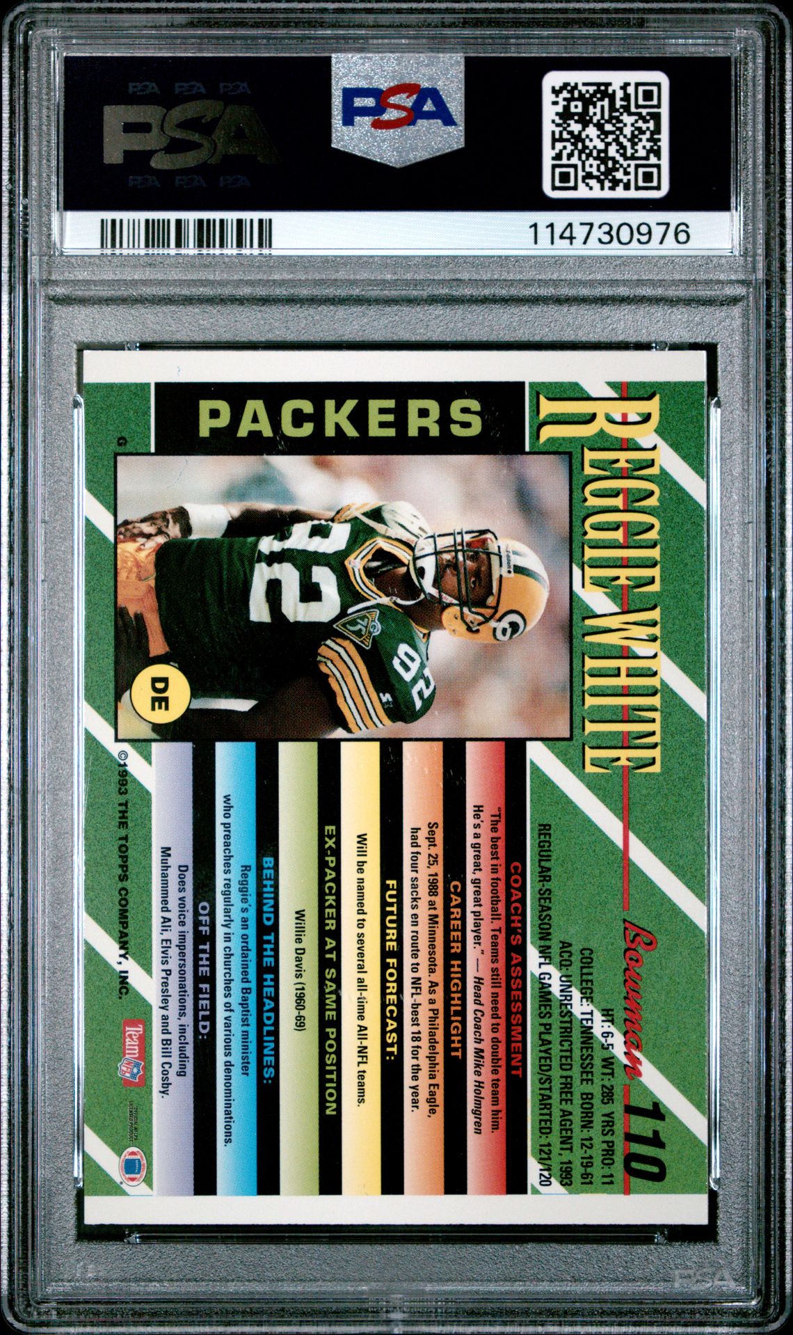 1993 Bowman Reggie White #110 (Foil) Nm 7 back