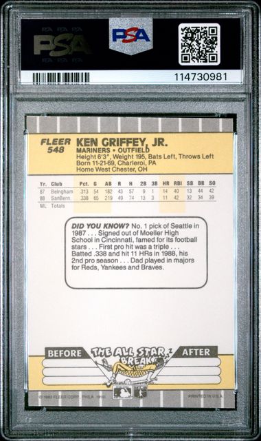 1989 Fleer Ken Griffey Jr. #548 Mint 9 back