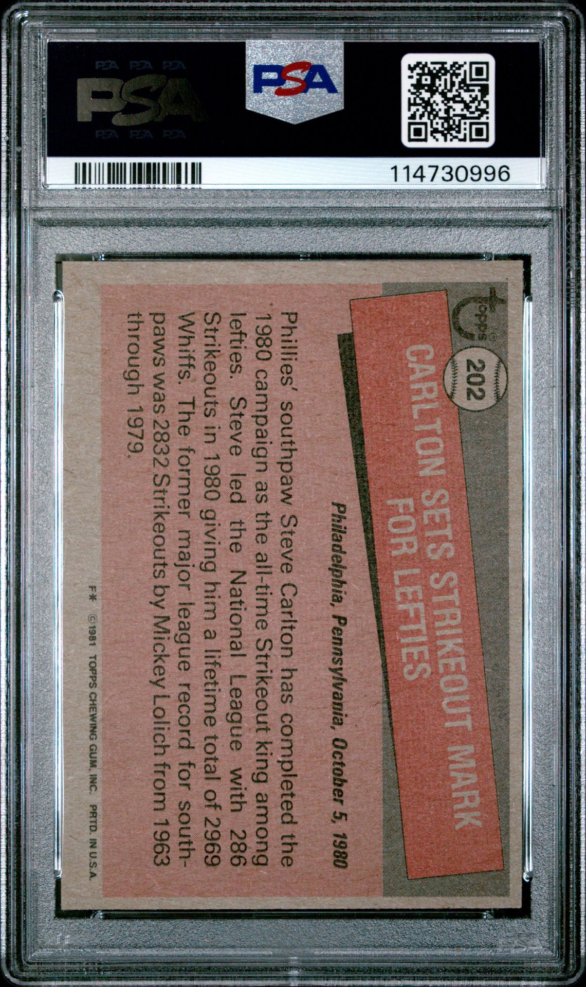 1981 Topps Steve Carlton #202 Gem Mt 10 back