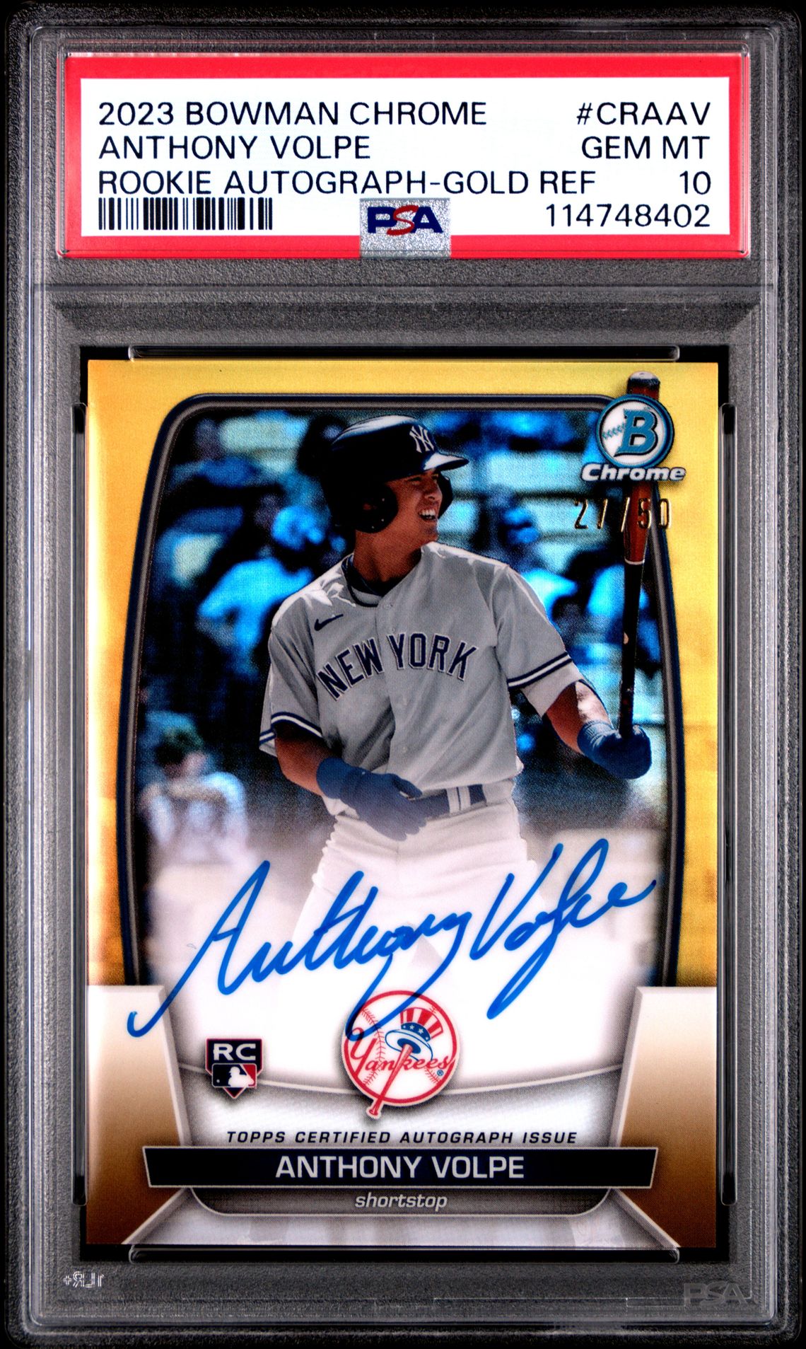 2023 Bowman BOWMAN CHROME CHROME ROOKIE AUTOGRAPH GOLD REF #CRAAV Anthony Volpe front