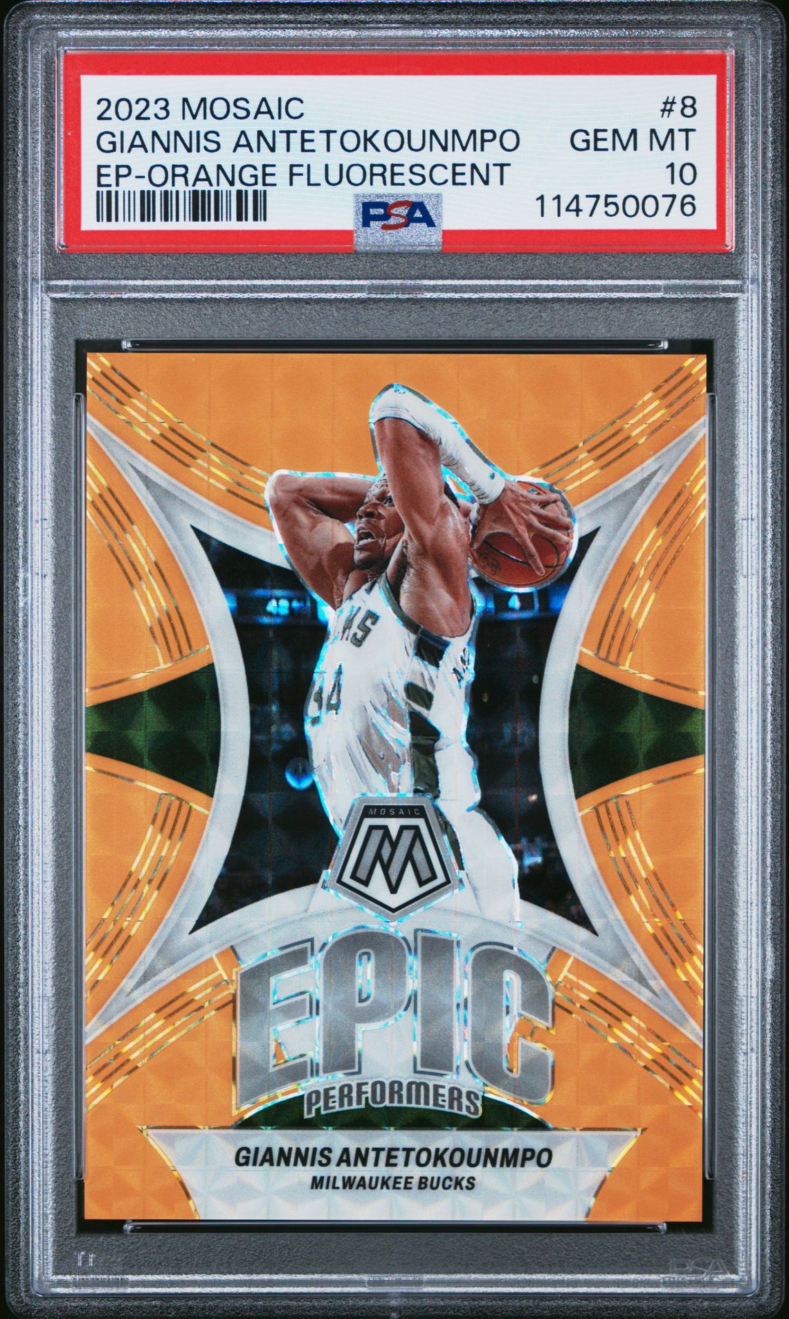 2023 Panini PANINI MOSAIC EPIC PERFORMERS ORANGE FLUORESCENT #8 Giannis Antetokounmpo front