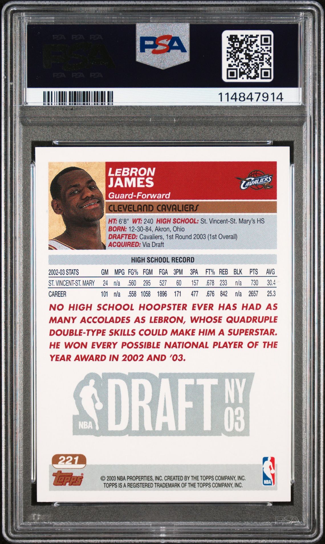 2003 Topps Lebron James #221 Mint 9 back