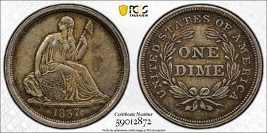 1837 10C Seated, Large Date AU55
