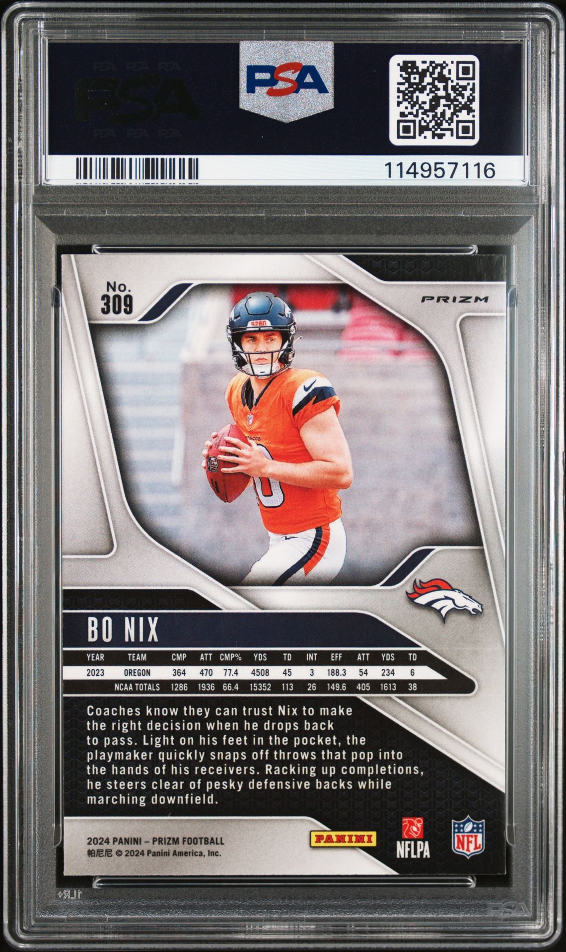2024 Panini Prizm Bo Nix #309 (Silver Prizm) Mint 9 back