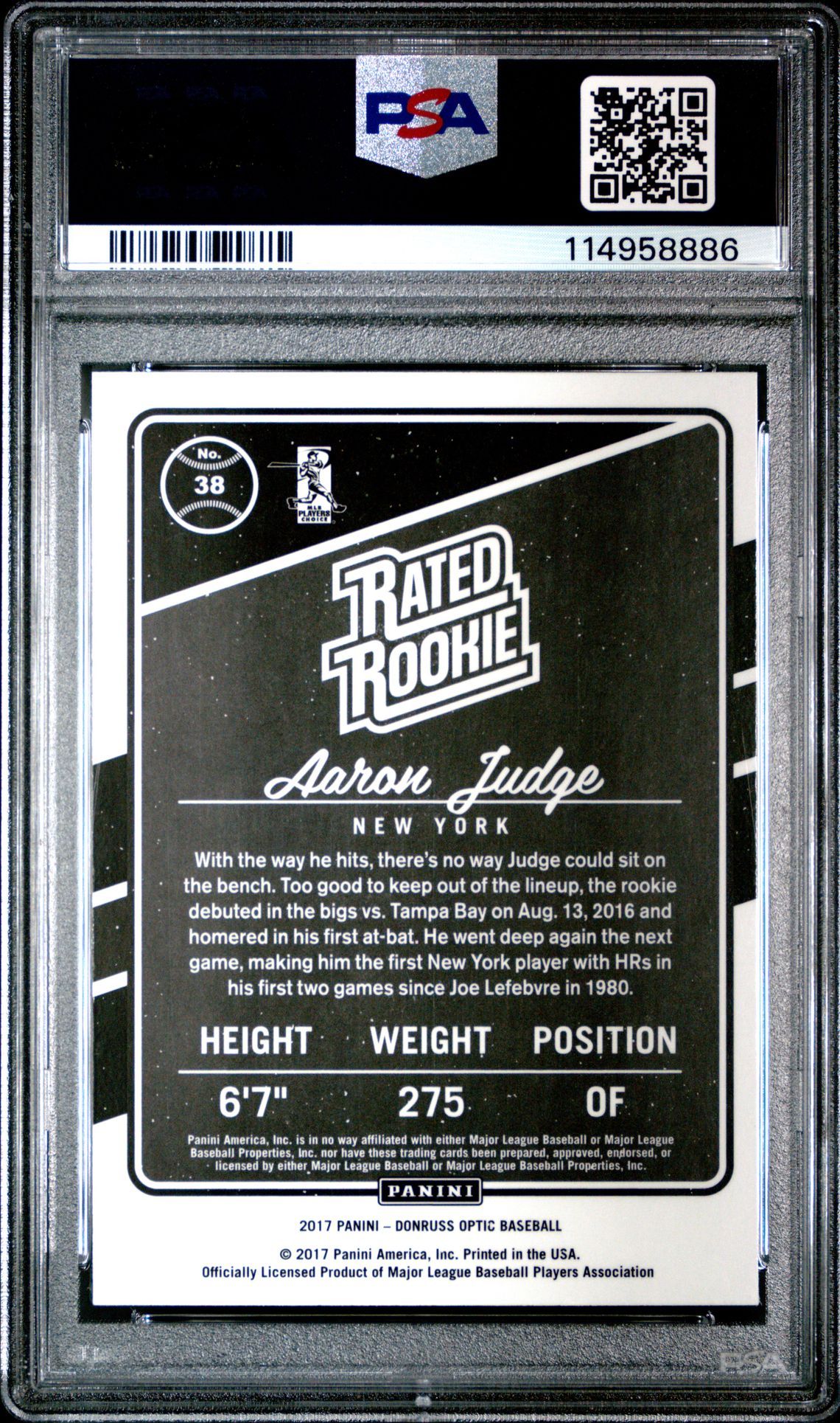 2017 Panini Donruss Optic Aaron Judge #38 Gem Mt 10 back view - PSA certificate #114958886