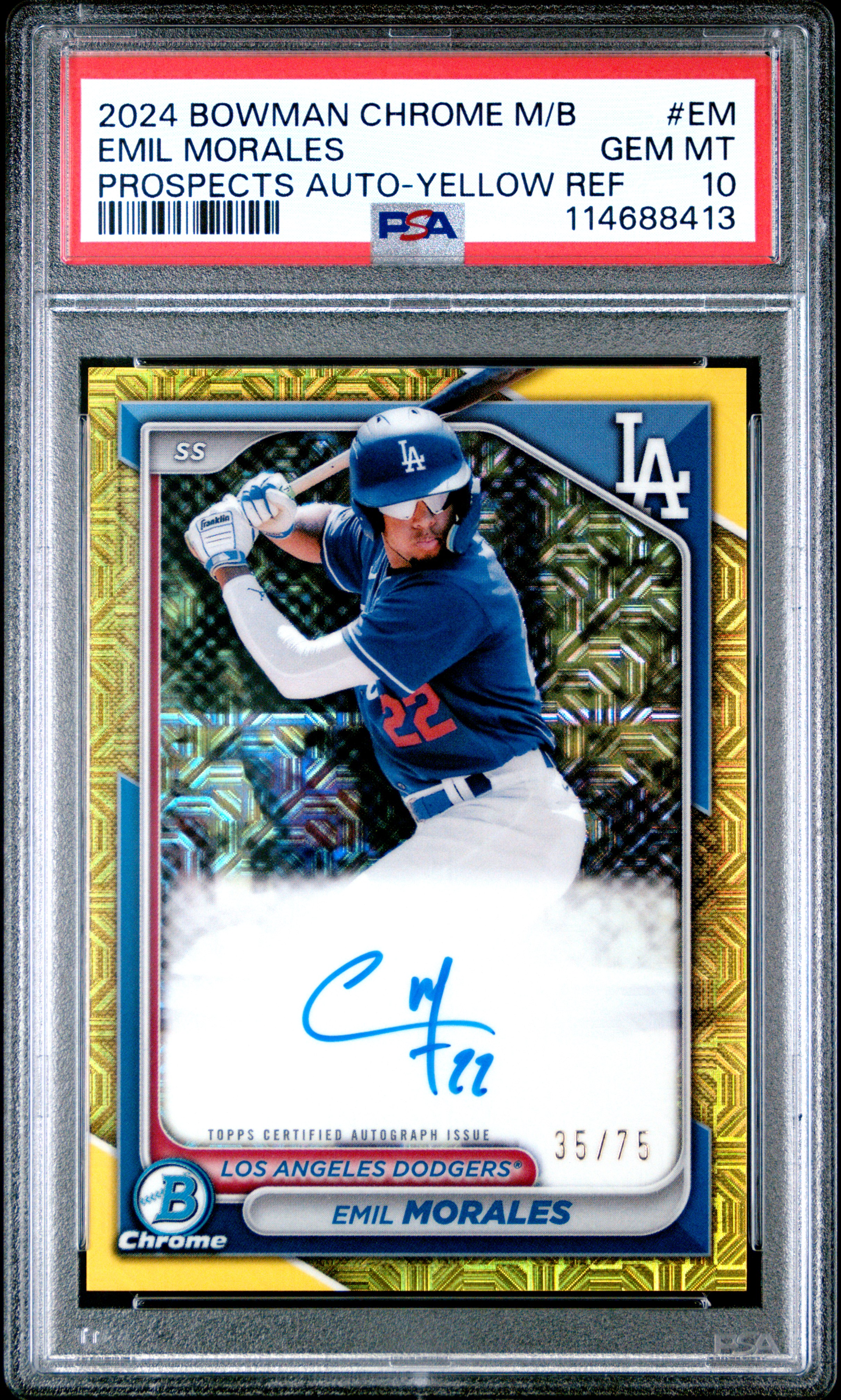 2024 Bowman Mega Box Chrome Bowman Prospect Mega Autographs Emil Morales Yellow Refractor #EM PSA 10