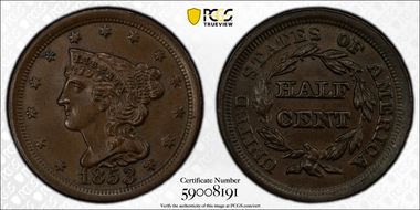 1853 1/2C MS65BN