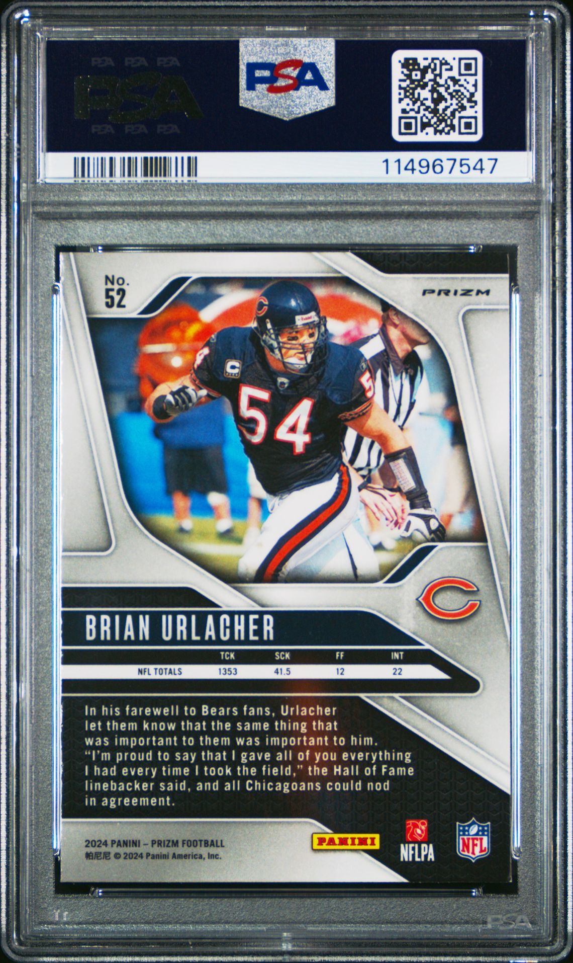 2024 Panini Prizm Brian Urlacher #52 (Purple Pulsar) Mint 9 back