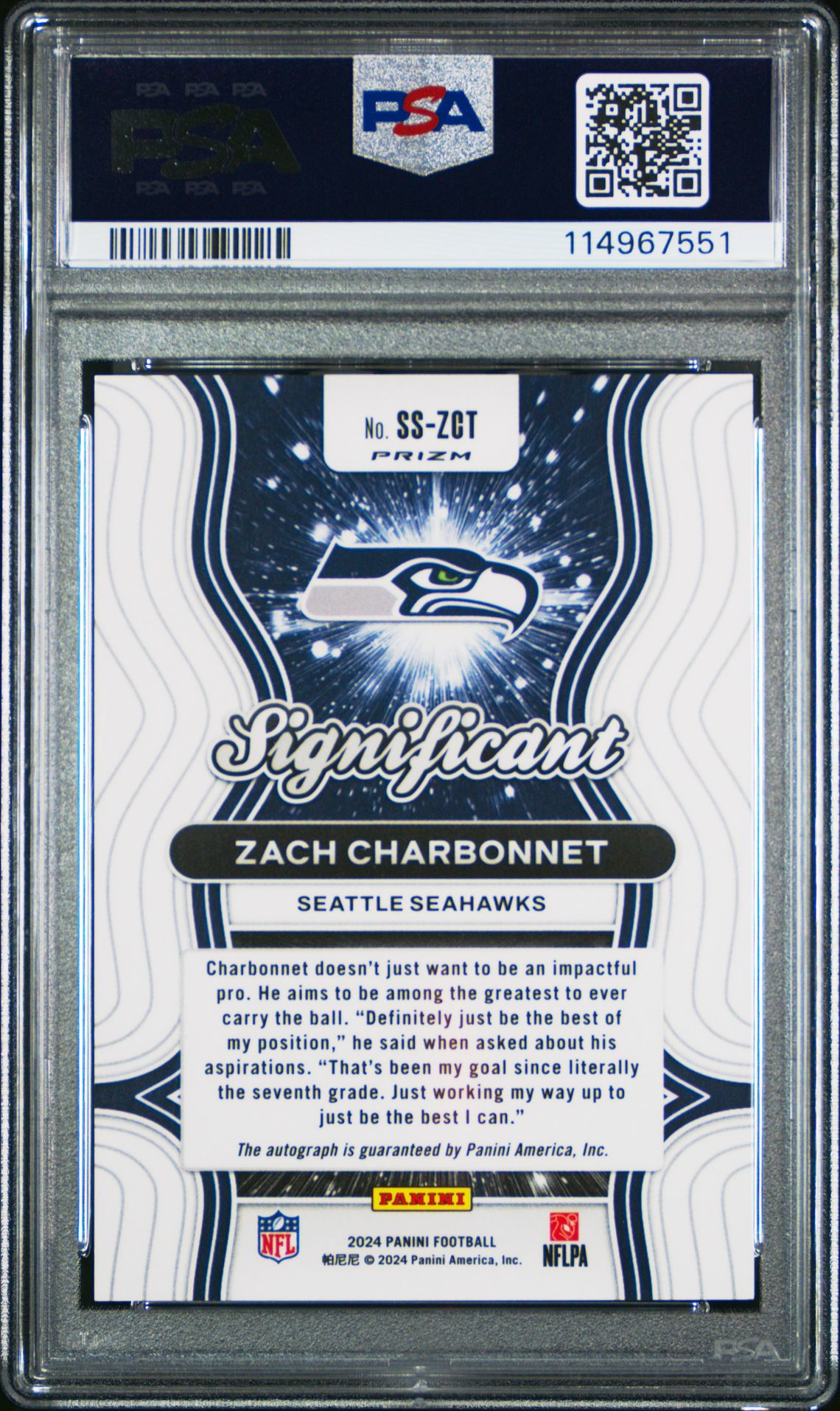 2024 Panini Prizm Significant Signatures Zach Charbonnet #Sszct Gem Mt 10 back