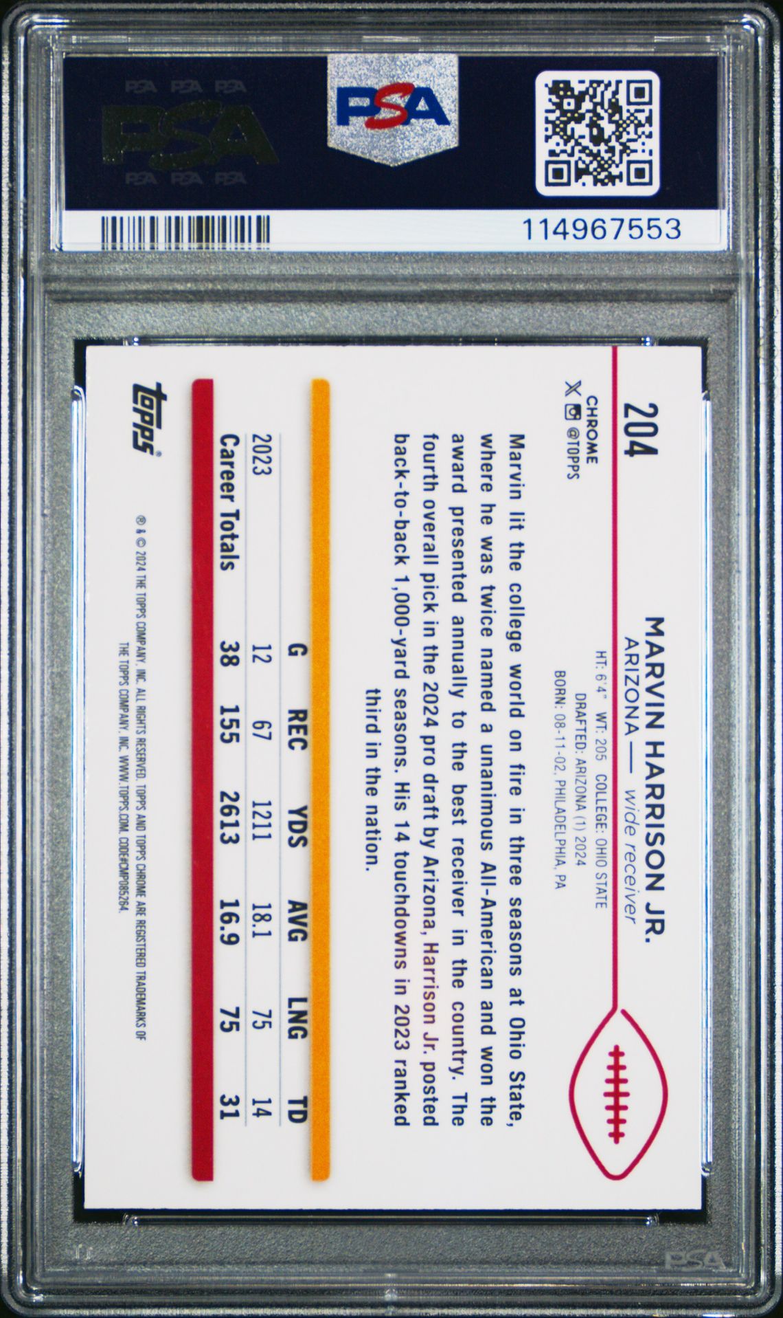 2024 Topps Chrome Marvin Harrison Jr. #204 (Prism Refractor) Gem Mt 10 back