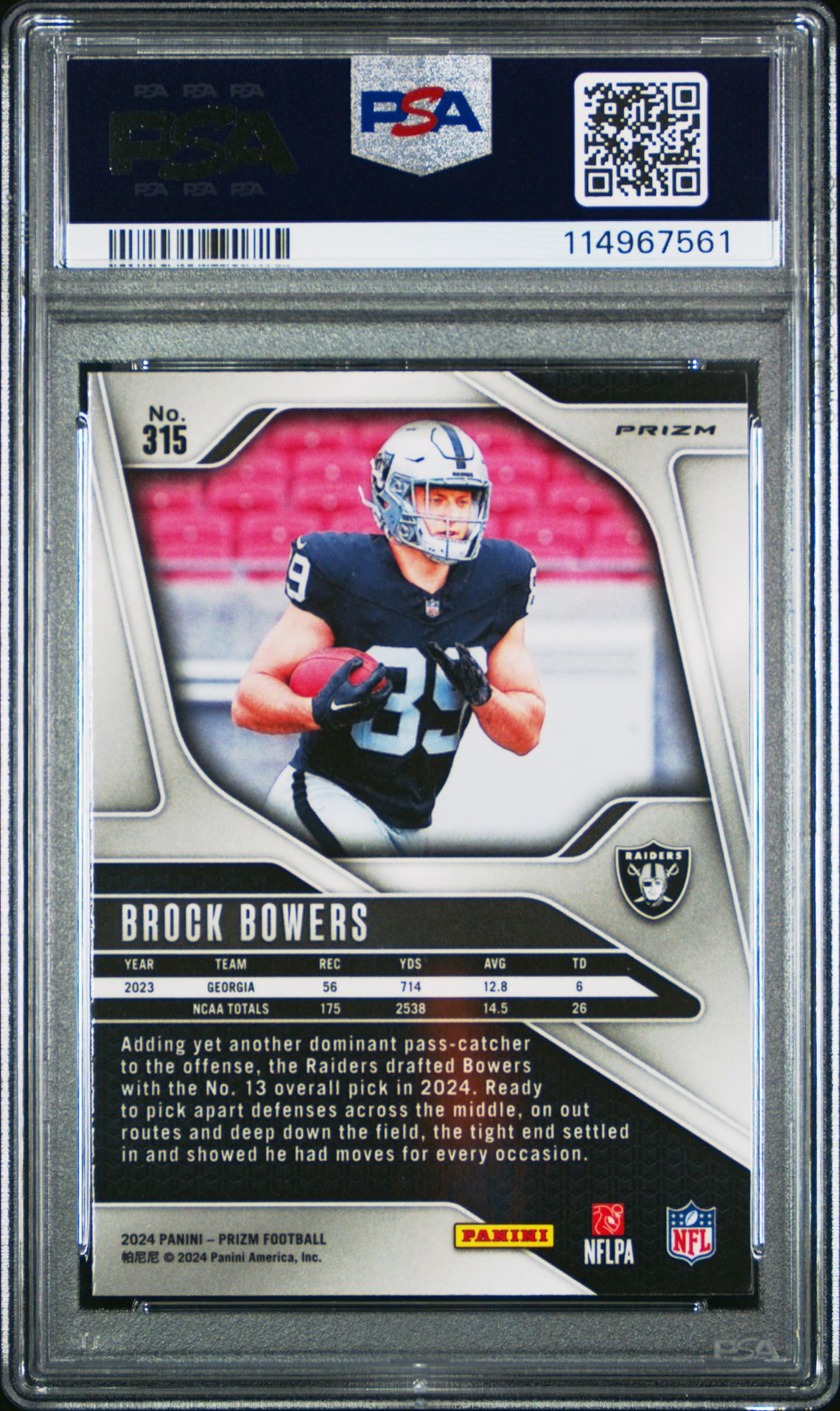 2024 Panini Prizm Brock Bowers #315 (Silver Prizm) Gem Mt 10 back