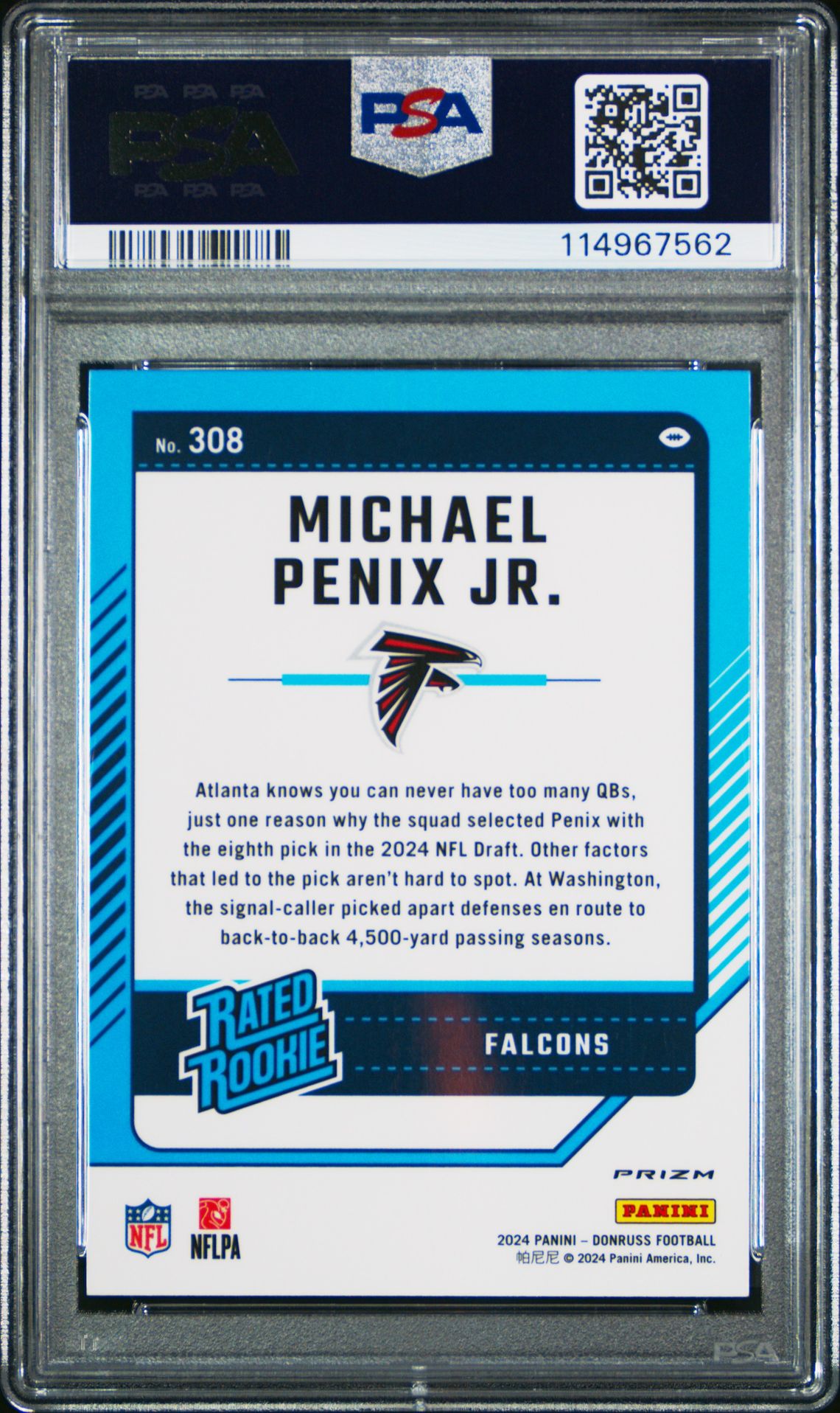 2024 Panini Donruss Michael Penix Jr. #308 (Optic Preview-Red Pandora) Gem Mt 10 back