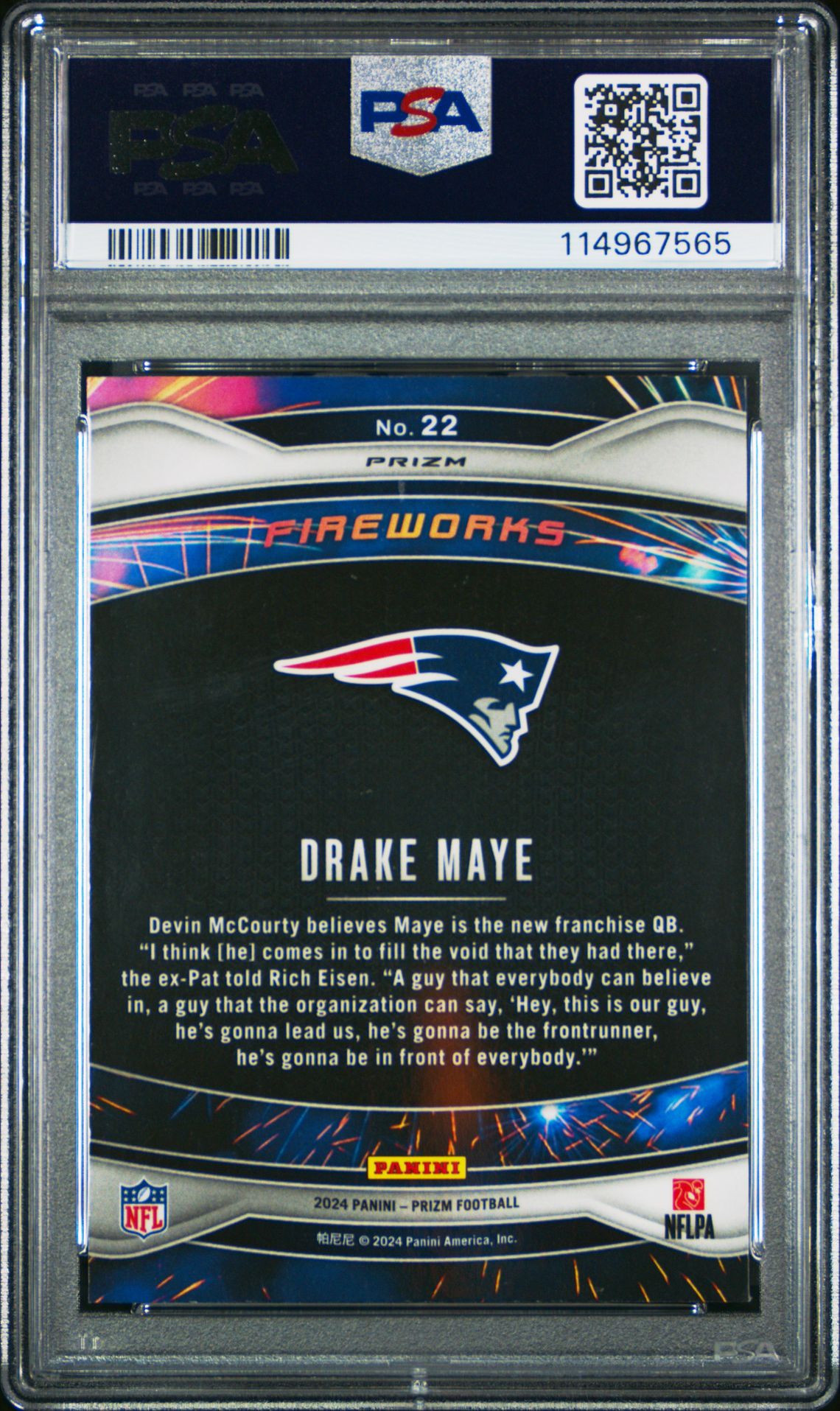 2024 Panini Prizm Fireworks Drake Maye #22 (Fireworks-Green Prizm) Gem Mt 10 back