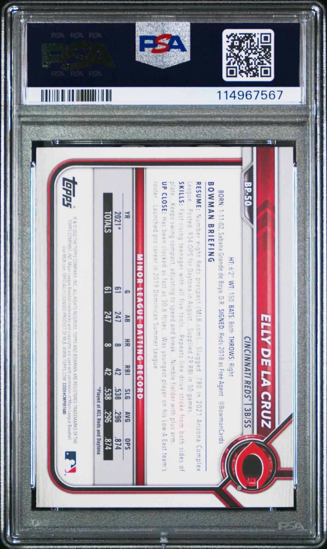 2022 Bowman Paper Prospects Elly De La Cruz #Bp50 (Paper Prospects) Gem Mt 10 back