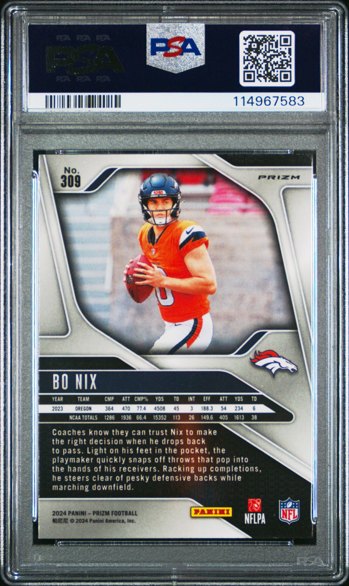 2024 Panini Prizm Bo Nix #309 (Disco Prizm) Mint 9 back