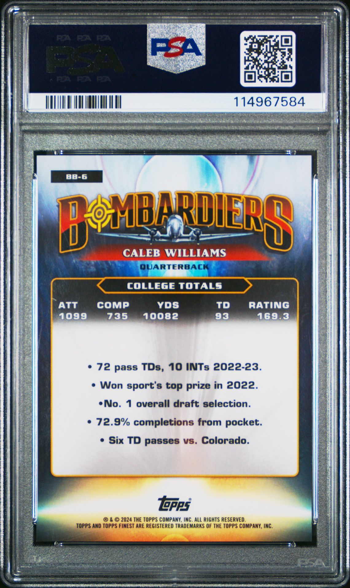 2024 Topps Finest Bombardiers Caleb Williams #Bb6 (Bombardiers) Gem Mt 10 back