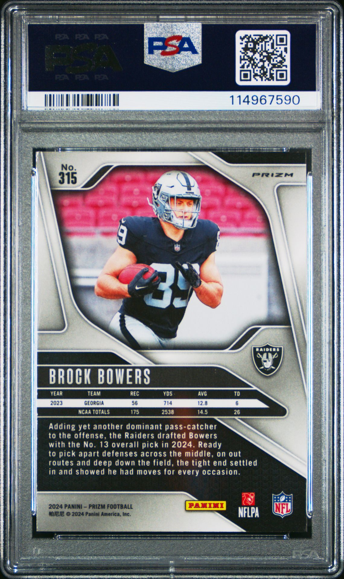 2024 Panini Prizm Brock Bowers #315 (Red/White/Blue Prizm) Mint 9 back