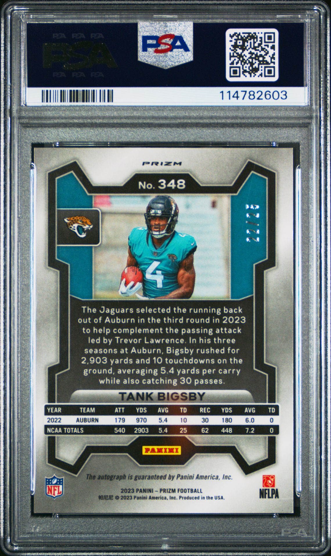 2023 Panini Prizm Tank Bigsby #348 (Autograph-Camo) Mint 9 back