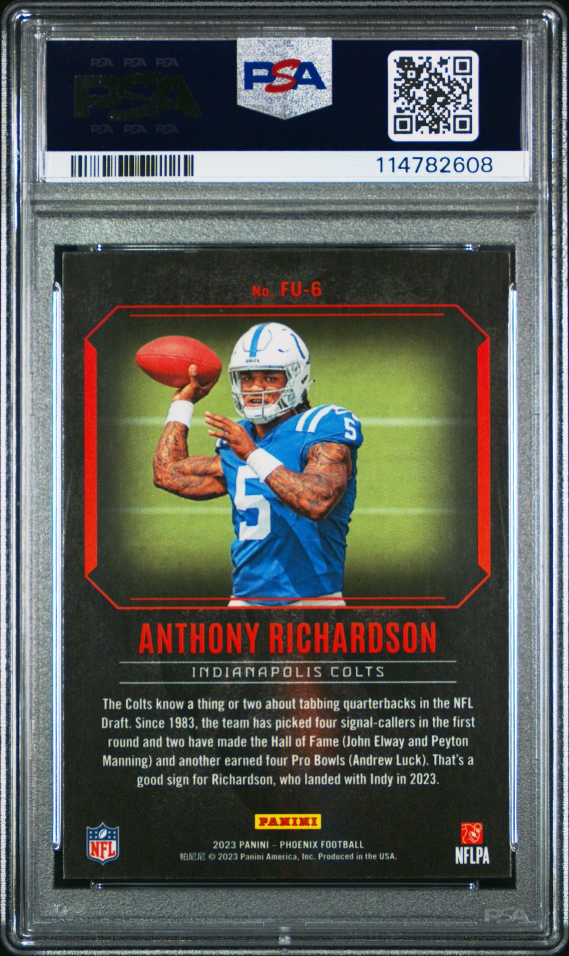 2023 Panini Phoenix Fired Up Anthony Richardson #Fu6 Gem Mt 10 back
