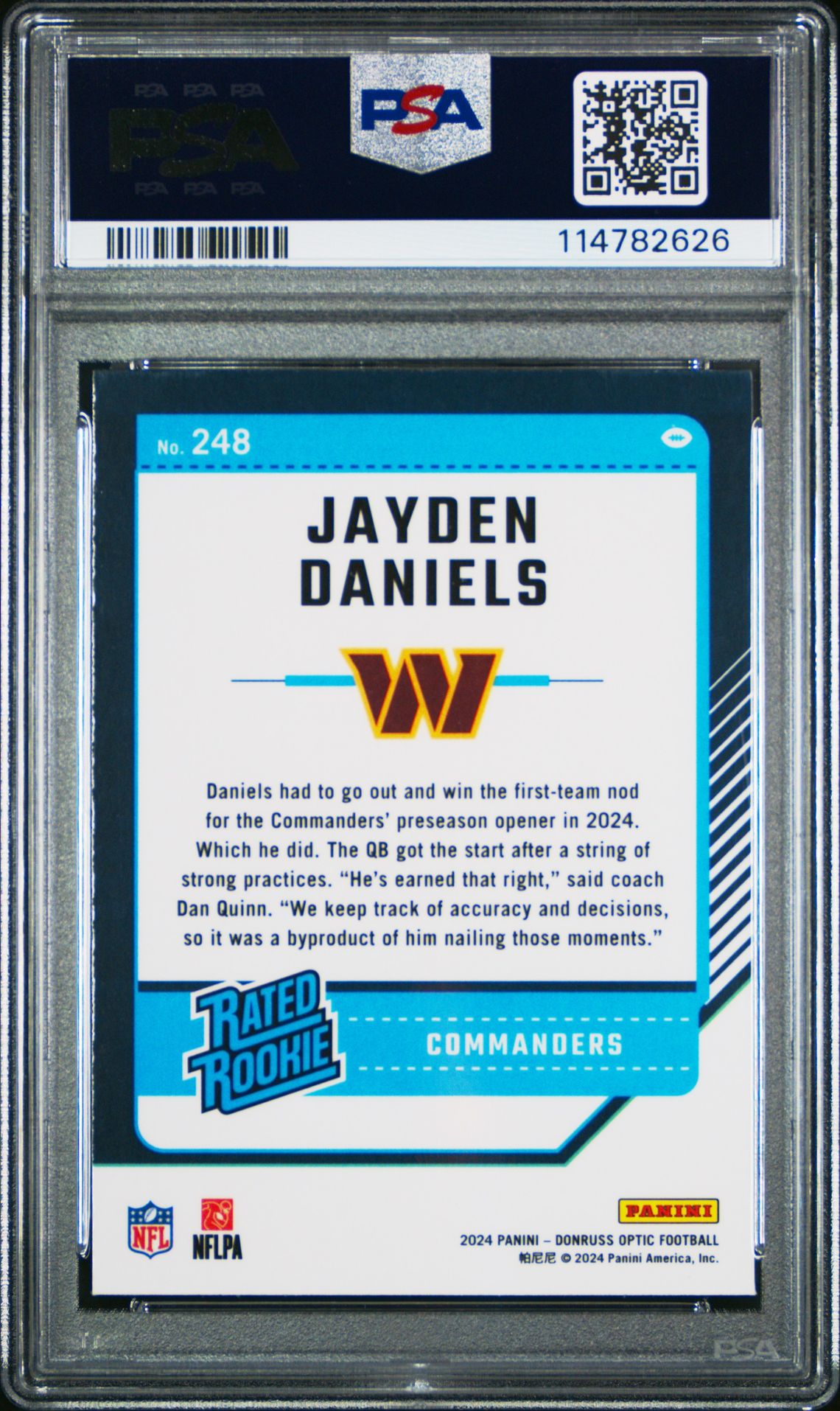 2024 Panini Donruss Optic Jayden Daniels #248 Gem Mt 10 back