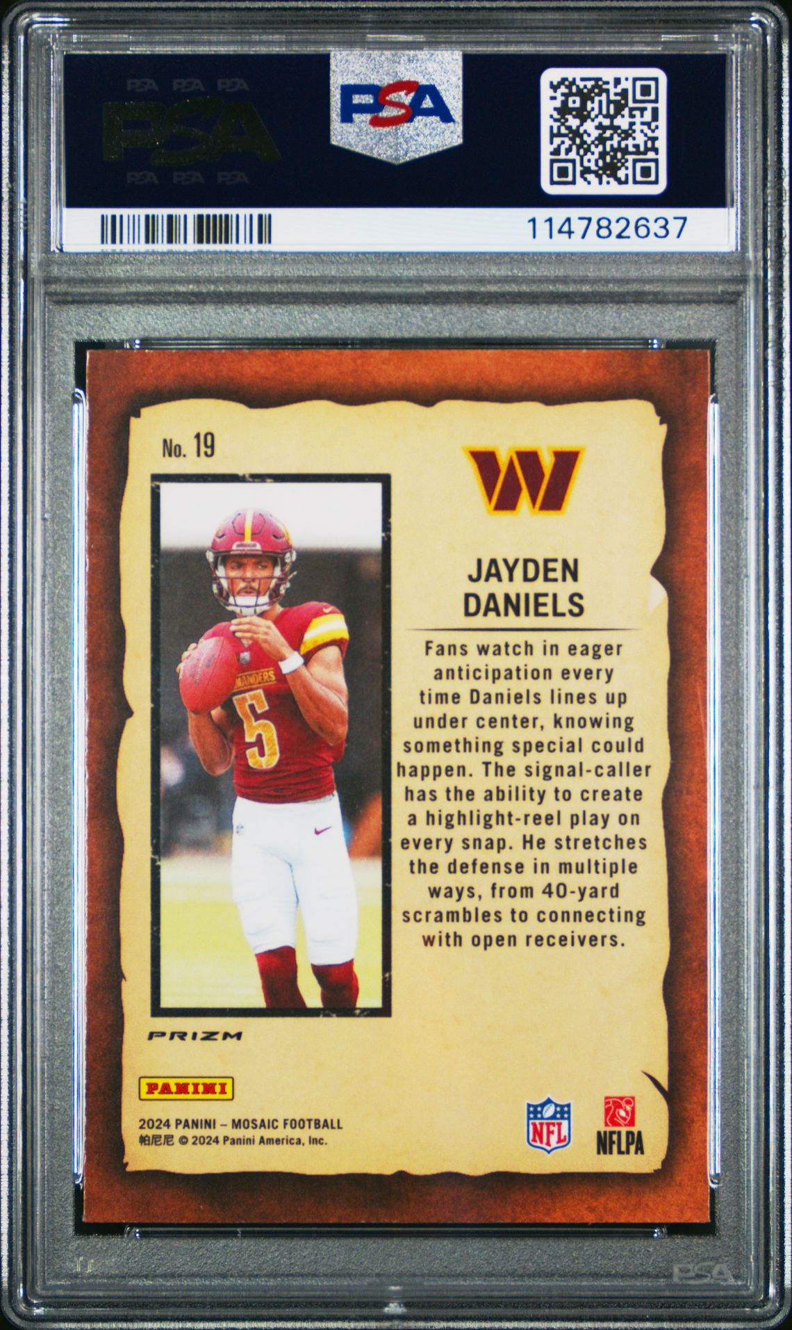 2024 Panini Mosaic Notoriety Jayden Daniels #19 (Notoriety-Green) Gem Mt 10 back