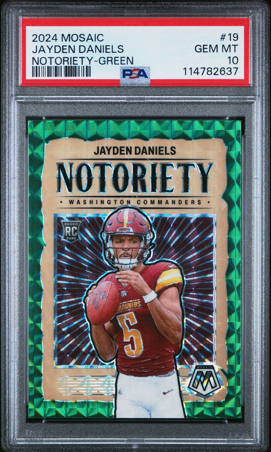 2024 Panini Mosaic Notoriety Jayden Daniels #19 (Notoriety-Green) Gem Mt 10 front