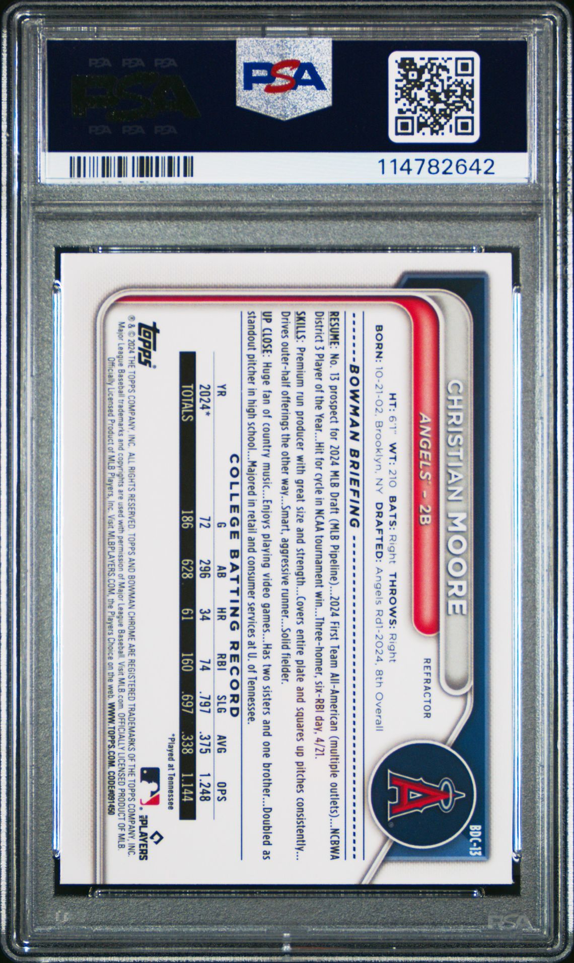 2024 Bowman Draft Christian Moore #Bdc13 (Chrome-Refractor) Mint 9 back