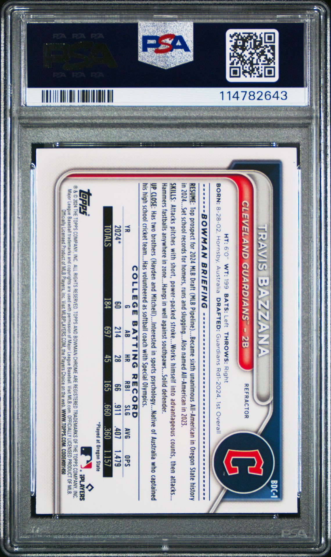 2024 Bowman Draft Travis Bazzana #Bdc1 (Chrome-Refractor) Gem Mt 10 back